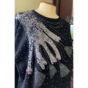 Vintage 80s Lauren Alexandra Black Sequin Beaded Party Sweater Tunic
